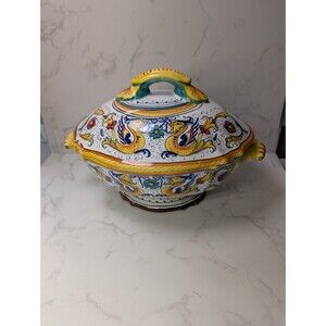 Mod Deruta Italian Majolica Covered Tureen Griffins Hand Painted 12"